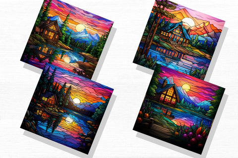 Cabin by Lake Stained Glass Backgrounds Bundle Sublimation Regulrcrative 
