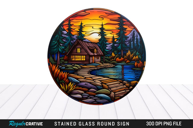 Cabin Stained Glass Round Coaster Png Design Sublimation Regulrcrative 