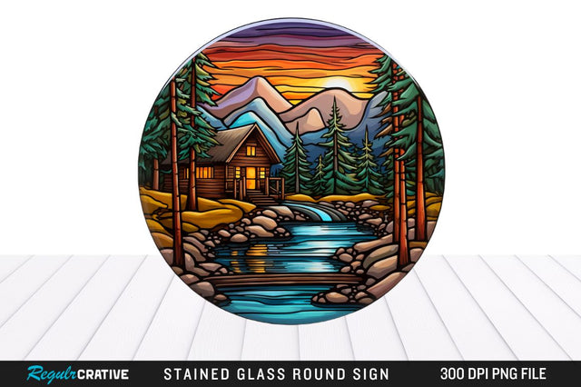 Cabin Stained Glass Round Coaster Png Design Sublimation Regulrcrative 