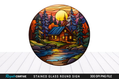 Cabin Stained Glass Round Coaster Png Design Sublimation Regulrcrative 