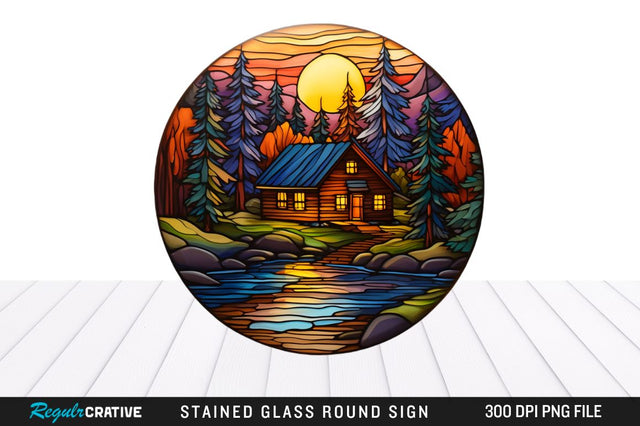 Cabin Stained Glass Round Coaster Png Design Sublimation Regulrcrative 