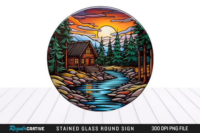 Cabin Stained Glass Round Coaster Png Design Sublimation Regulrcrative 
