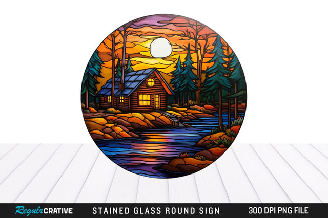 Cabin Stained Glass Round Coaster Png Design Sublimation Regulrcrative 