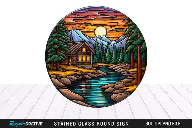 Cabin Stained Glass Round Coaster Png Design Sublimation Regulrcrative 