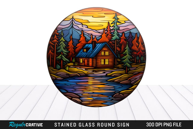 Cabin Stained Glass Round Coaster Png Design Sublimation Regulrcrative 