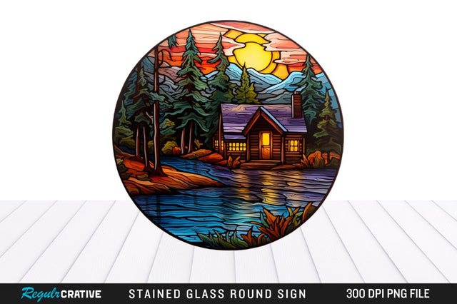 Cabin Stained Glass Round Coaster Png Design Sublimation Regulrcrative 