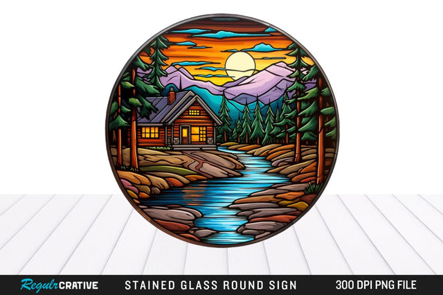 Cabin Stained Glass Round Coaster Png Design Sublimation Regulrcrative 