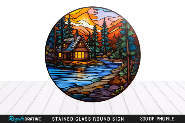 Cabin Stained Glass Round Coaster Png Design Sublimation Regulrcrative 