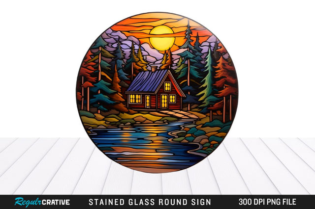 Cabin Stained Glass Round Coaster Png Design Sublimation Regulrcrative 