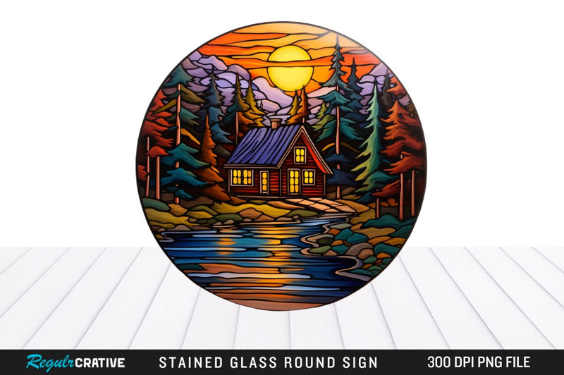 Cabin Stained Glass Round Coaster Png Design Sublimation Regulrcrative 
