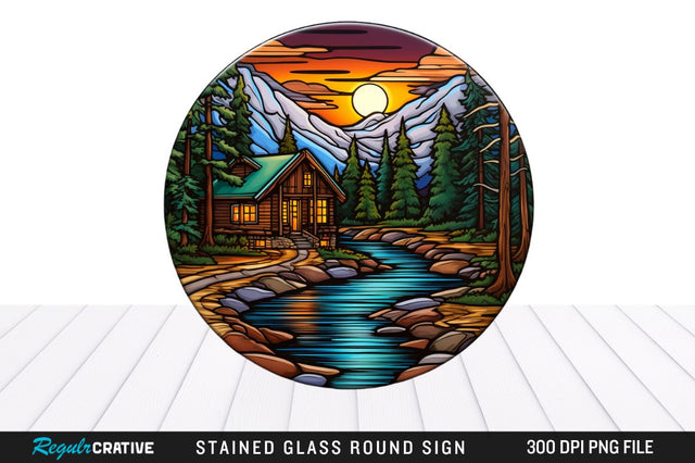 Cabin Stained Glass Round Coaster Png Design Sublimation Regulrcrative 