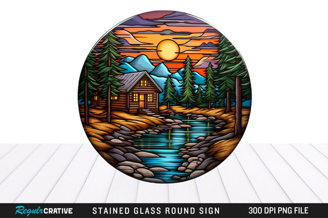 Cabin Stained Glass Round Coaster Png Design Sublimation Regulrcrative 