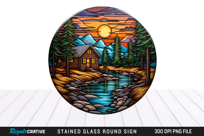 Cabin Stained Glass Round Coaster Png Design Sublimation Regulrcrative 