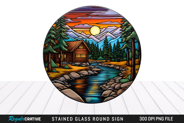 Cabin Stained Glass Round Coaster Png Design Sublimation Regulrcrative 