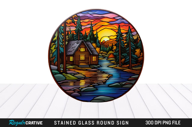 Cabin Stained Glass Round Coaster Png Design Sublimation Regulrcrative 