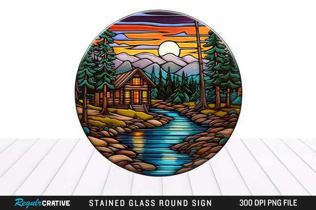 Cabin Stained Glass Round Coaster Png Design Sublimation Regulrcrative 