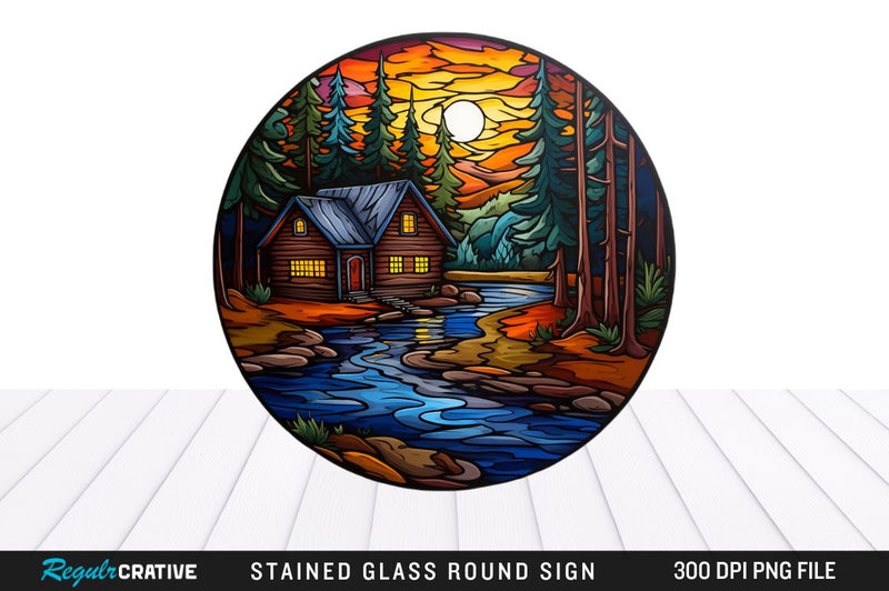 Cabin Stained Glass Round Coaster Png Design Sublimation Regulrcrative 