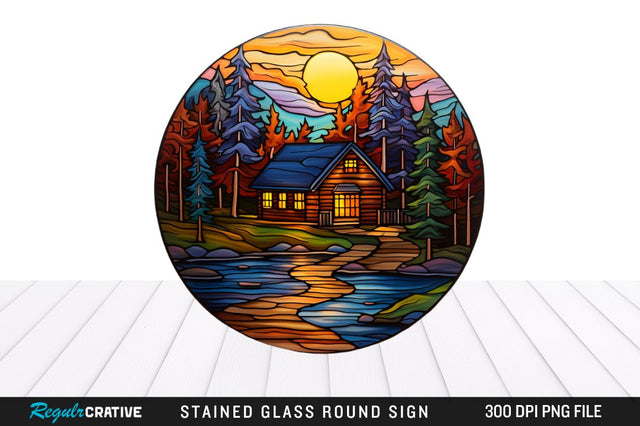 Cabin Stained Glass Round Coaster Png Design Sublimation Regulrcrative 