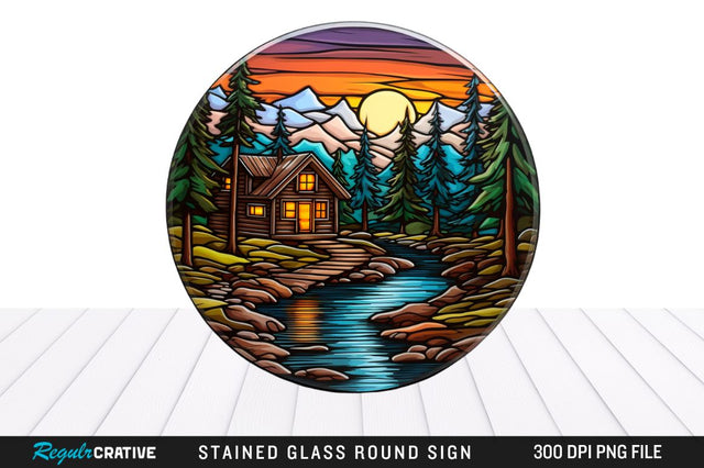 Cabin Stained Glass Round Coaster Png Design Sublimation Regulrcrative 
