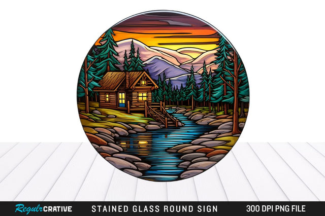 Cabin Stained Glass Round Coaster Png Design Sublimation Regulrcrative 