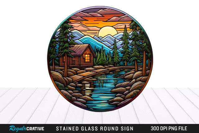 Cabin Stained Glass Round Coaster Png Design Sublimation Regulrcrative 