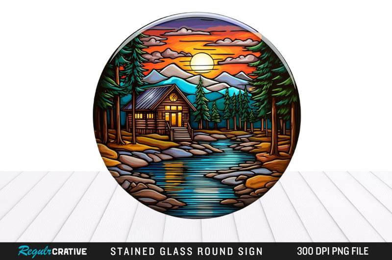 Cabin Stained Glass Round Coaster Png Design Sublimation Regulrcrative 