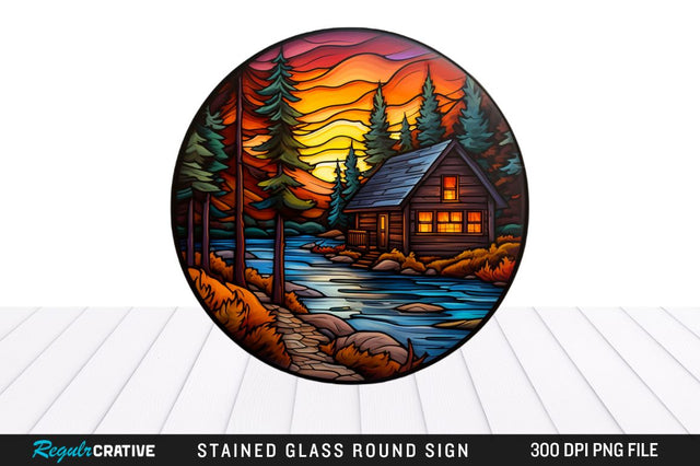 Cabin Stained Glass Round Coaster Png Design Sublimation Regulrcrative 