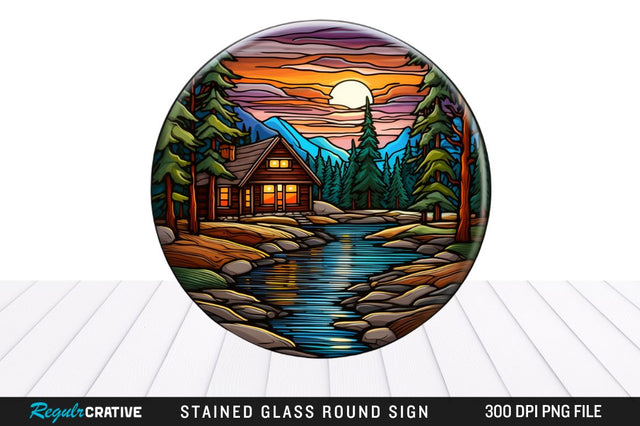 Cabin Stained Glass Round Coaster Png Design Sublimation Regulrcrative 