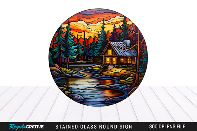 Cabin Stained Glass Round Coaster Png Design Sublimation Regulrcrative 