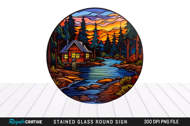 Cabin Stained Glass Round Coaster Png Design Sublimation Regulrcrative 