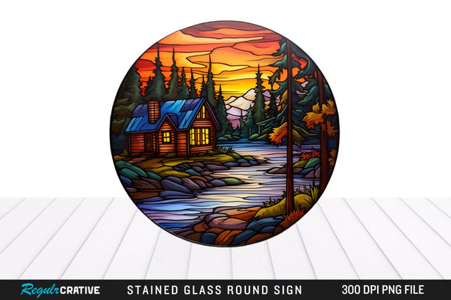 Cabin Stained Glass Round Coaster Png Design Sublimation Regulrcrative 