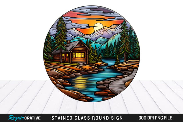 Cabin Stained Glass Round Coaster Png Design Sublimation Regulrcrative 