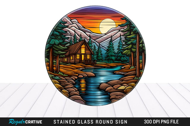 Cabin Stained Glass Round Coaster Png Design Sublimation Regulrcrative 