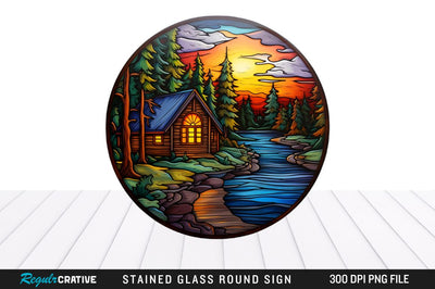 Cabin Stained Glass Round Coaster Png Design Sublimation Regulrcrative 
