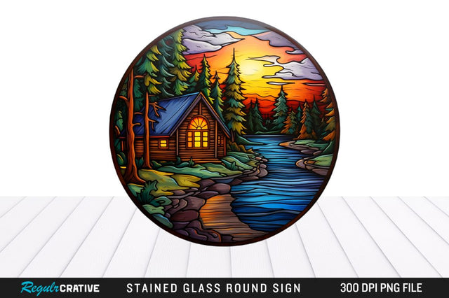 Cabin Stained Glass Round Coaster Png Design Sublimation Regulrcrative 