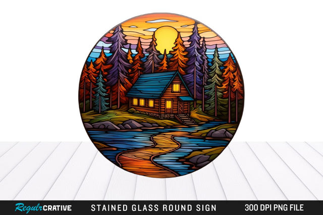 Cabin Stained Glass Round Coaster Png Design Sublimation Regulrcrative 