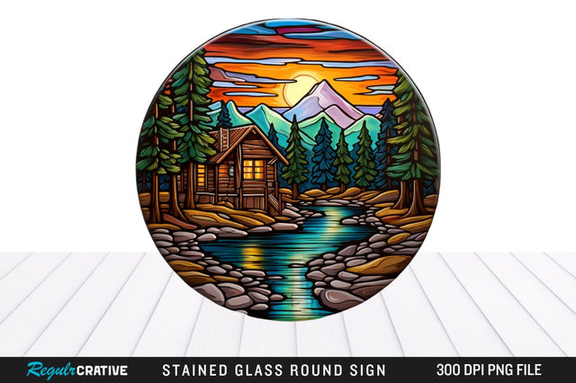 Cabin Stained Glass Round Coaster Png Design Sublimation Regulrcrative 
