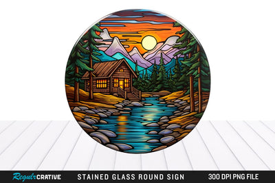 Cabin Stained Glass Round Coaster Png Design Sublimation Regulrcrative 
