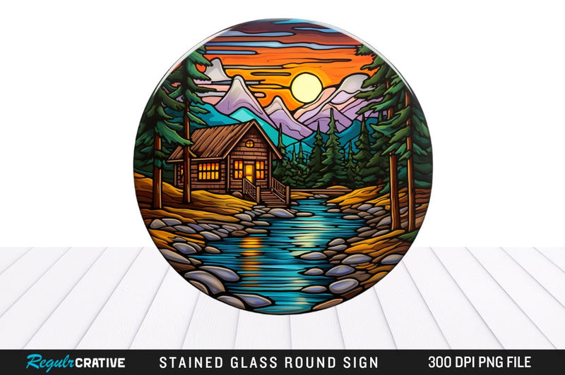 Cabin Stained Glass Round Coaster Png Design Sublimation Regulrcrative 