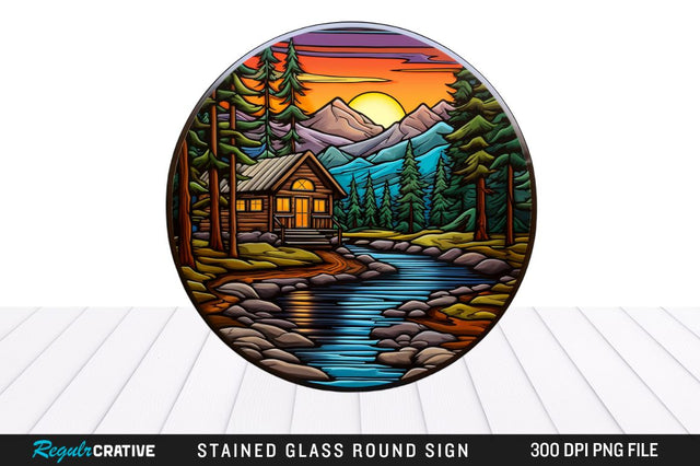 Cabin Stained Glass Round Coaster Png Design Sublimation Regulrcrative 