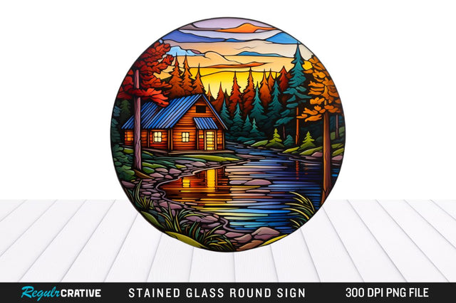 Cabin Stained Glass Round Coaster Png Design Sublimation Regulrcrative 
