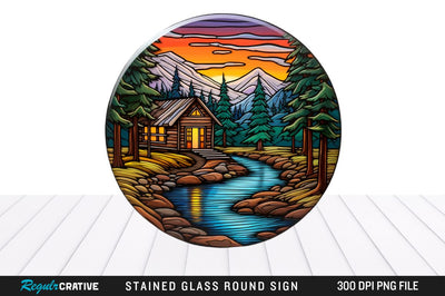 Cabin Stained Glass Round Coaster Png Design Sublimation Regulrcrative 