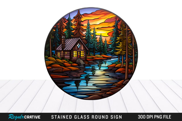 Cabin Stained Glass Round Coaster Png Design Sublimation Regulrcrative 