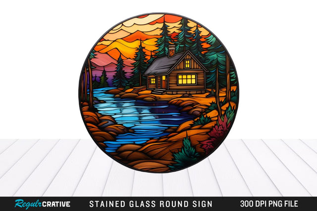 Cabin Stained Glass Round Coaster Png Design Sublimation Regulrcrative 