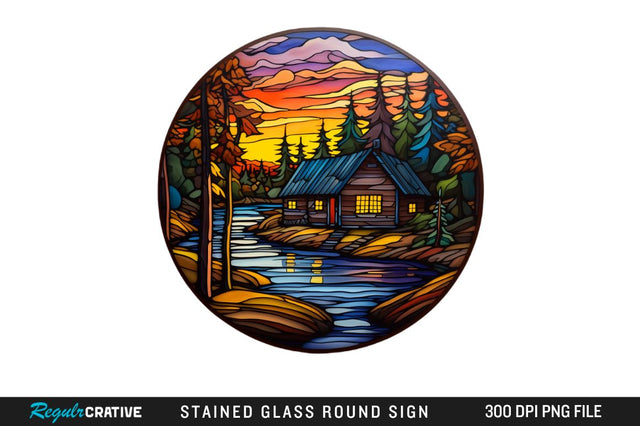 Cabin Stained Glass Round Coaster Png Design Sublimation Regulrcrative 