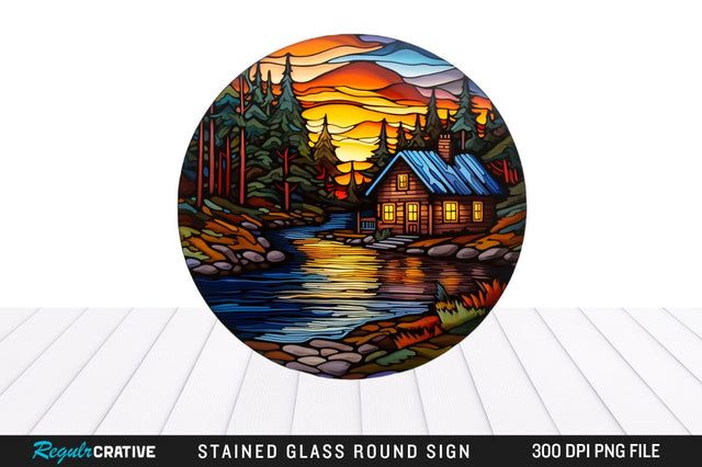 Cabin Stained Glass Round Coaster Png Design Sublimation Regulrcrative 