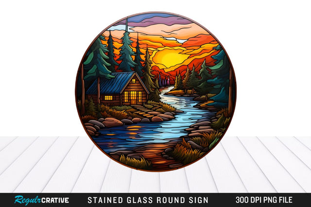 Cabin Stained Glass Round Coaster Png Design Sublimation Regulrcrative 