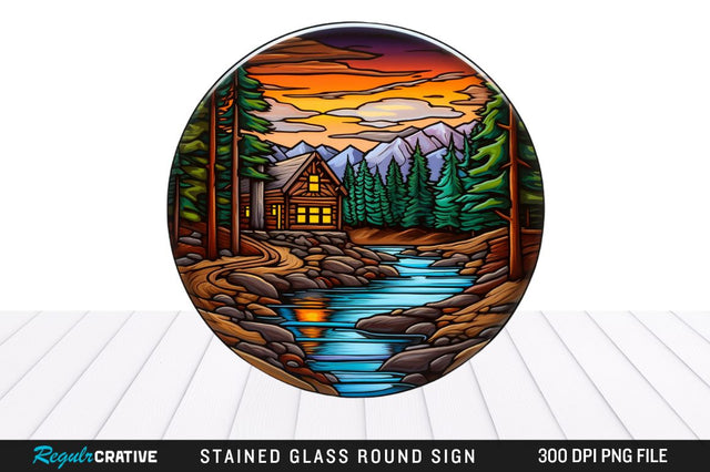 Cabin Stained Glass Round Coaster Png Design Sublimation Regulrcrative 
