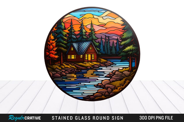 Cabin Stained Glass Round Coaster Png Design Sublimation Regulrcrative 