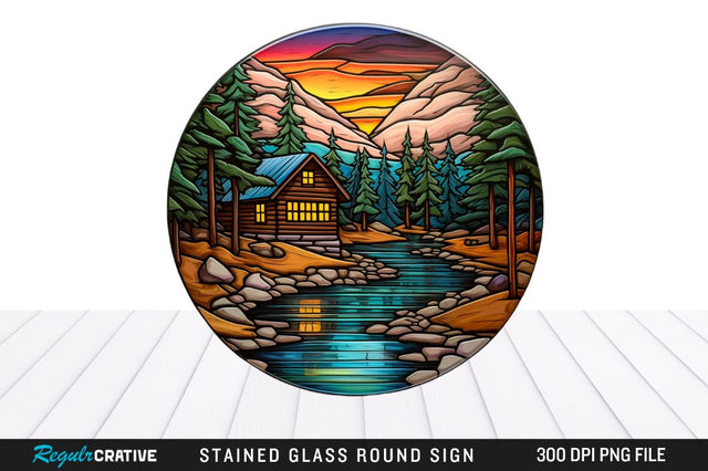 Cabin Stained Glass Round Coaster Png Design Sublimation Regulrcrative 